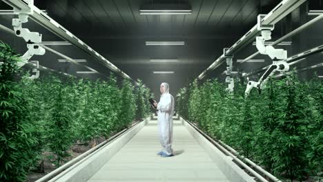 vista lateral del cuerpo completo del investigador asiático de marihuana mirando a su alrededor y tomando notas en una tableta mientras estaba de pie en el invernadero de marihuana con agricultores robóticos inteligentes