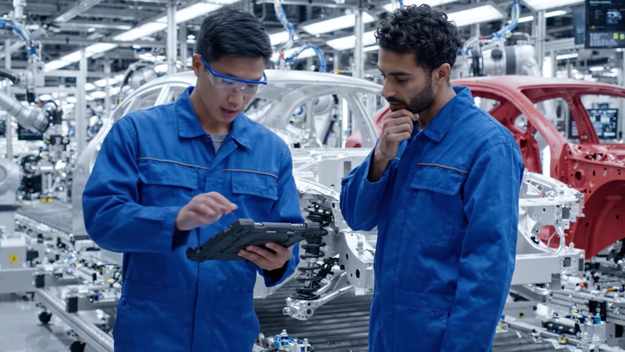 Dos ingenieros automotrices colaborando en un entorno de fábrica, revisando datos en una tableta, rodeados de chasis de automóviles en un moderno entorno de línea de montaje