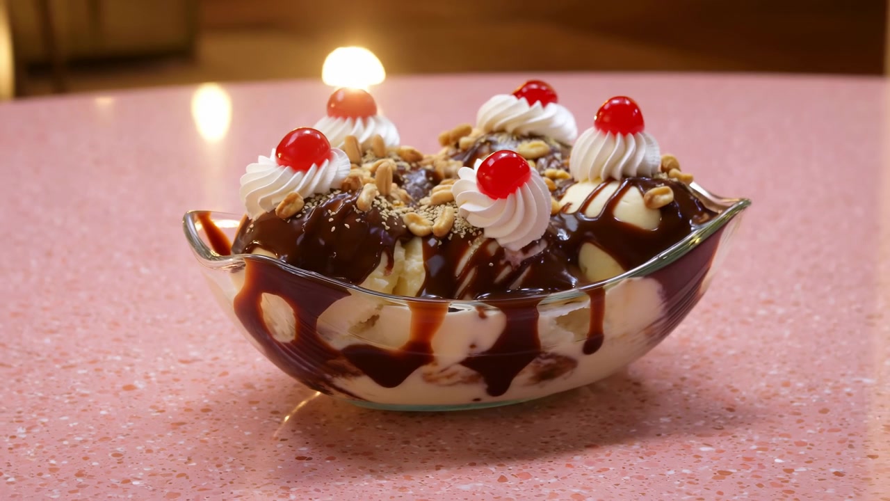 Banana split con ciliegia e panna montata su superficie rosa, presentazione statica dolce e invitante, vista dall'alto, dessert commerciale, luce naturale, sfondo pulito, spazio per il testo, pronto.