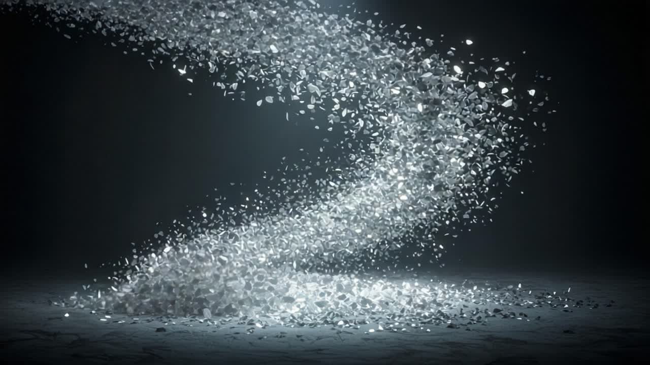 A Captivating Transformation of Shattered Particles in Motion, Illustrating the Dynamic Flow and Accumulation of Light-Reflecting Elements Against a Dim Background