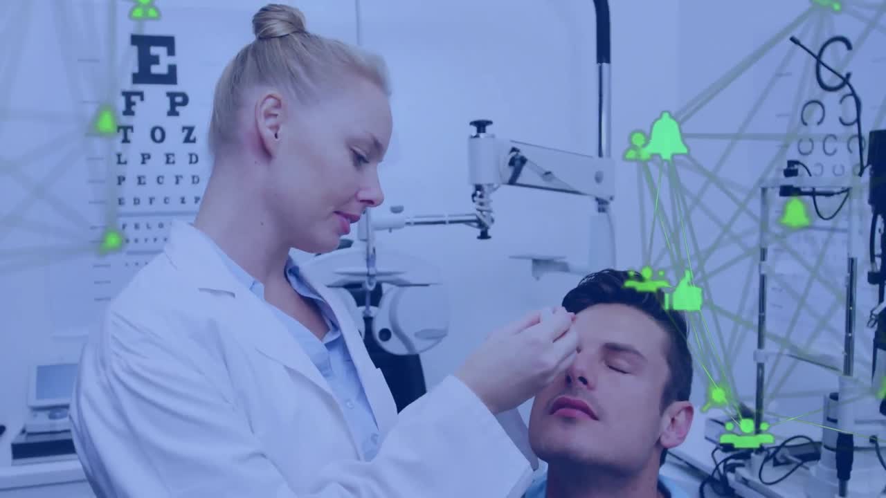 animación de la red de conexiones con iconos sobre hombre caucásico con optometrista femenina