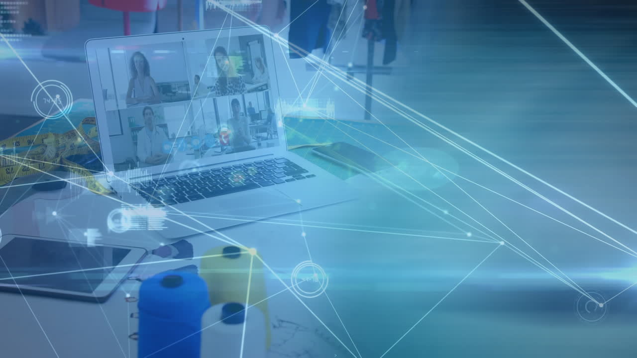 노트북에 있는 사람들에 대한 연결 네트워크를 가진 디지털 아이콘입니다.