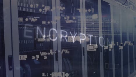 Animation-of-encryption-text,-symbols-and-circuit-board-pattern-over-server-room-in-background