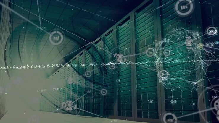Animated video shows global data processing on a network of servers with financial stats.