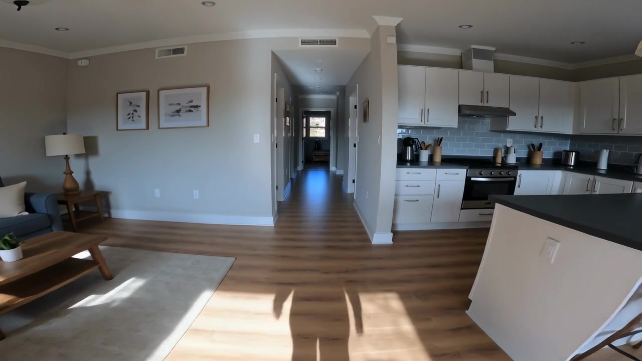 Entering person walking into sunlit open-plan living room and kitchen, inspecting sofa in dark top