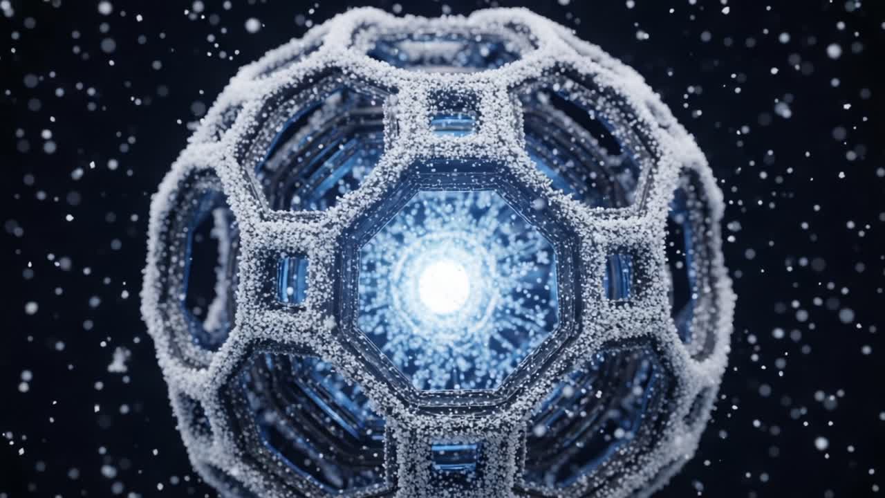 Intricate Close-Up of a Geometric Structure Surrounded by Ethereal Snowflakes, Illuminated from Within, Representing a Fusion of Technology and Nature