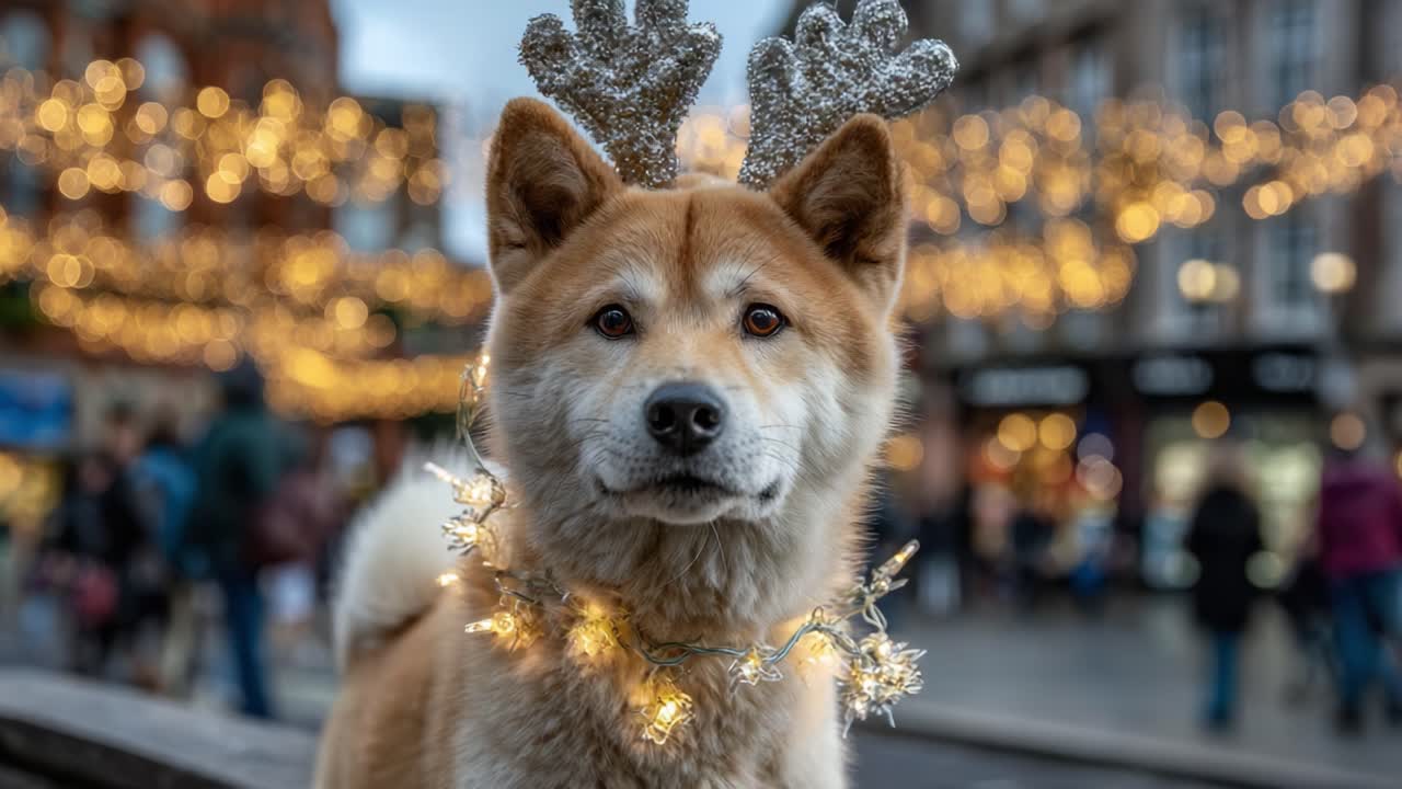 A Festively Adorned Dog Surrounded by Twinkling Lights, Highlighting the Joy of the Holiday Season with a Playful Spirit and Cheerful Decorations