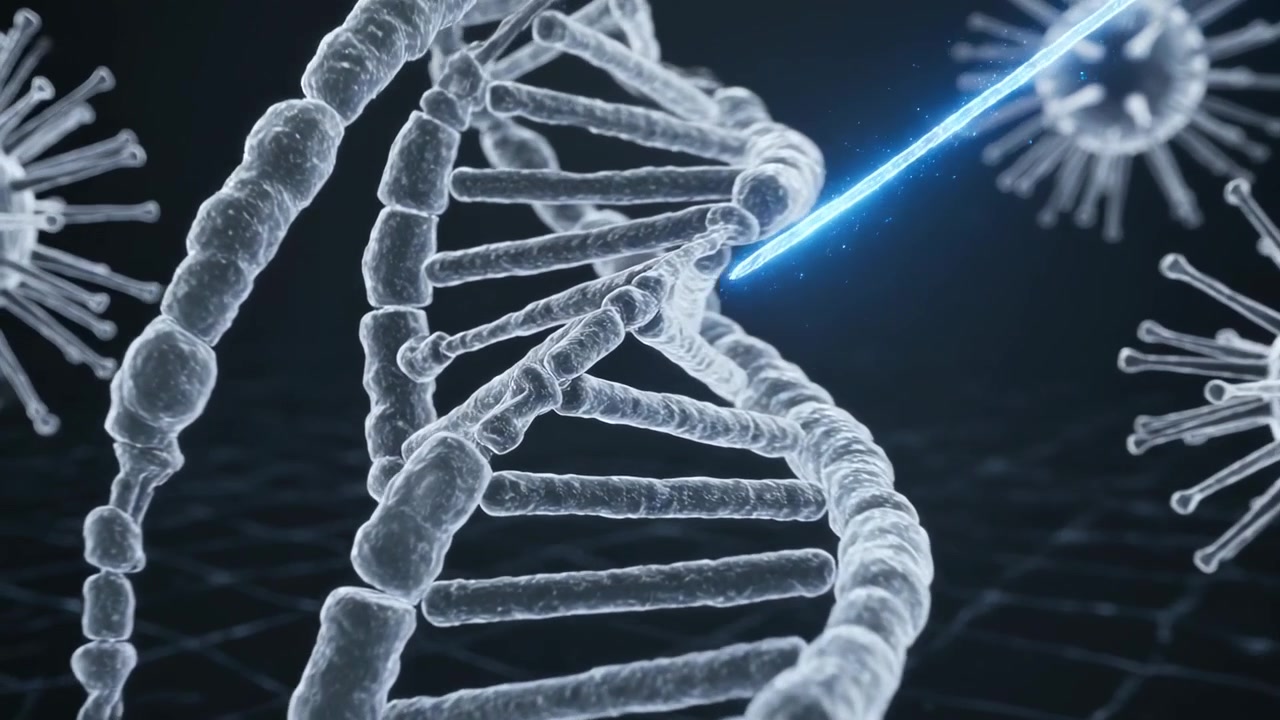 Elica di DNA trasparente che ruota, illuminata da un raggio blu proveniente da destra, con un bagliore visibile sui pioli e punte fluttuanti.