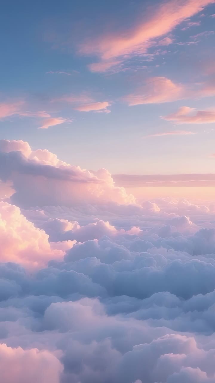 Vertical video: Drifting pink clouds shifting above sea of clouds at dawn under intensifying light