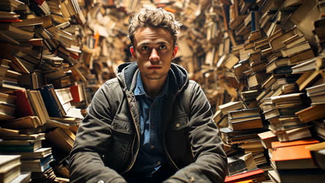 young man sitting among tall stacks of books in a cozy library