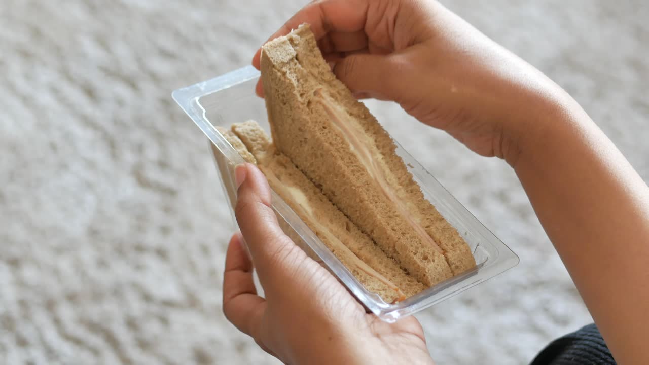 Person holding a sandwich in a plastic container