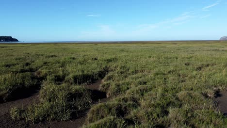 Aerial-view-Traeth-Coch-Pentraeth-Welsh-rural-marshland-scenic-low-angle-over-grassland