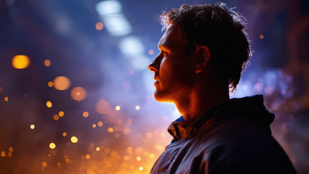 Un retrato cautivador de un trabajador reflexivo entre chispas brillantes y una atmósfera artesanal, que captura la esencia de la artesanía y la dedicación en el trabajo.