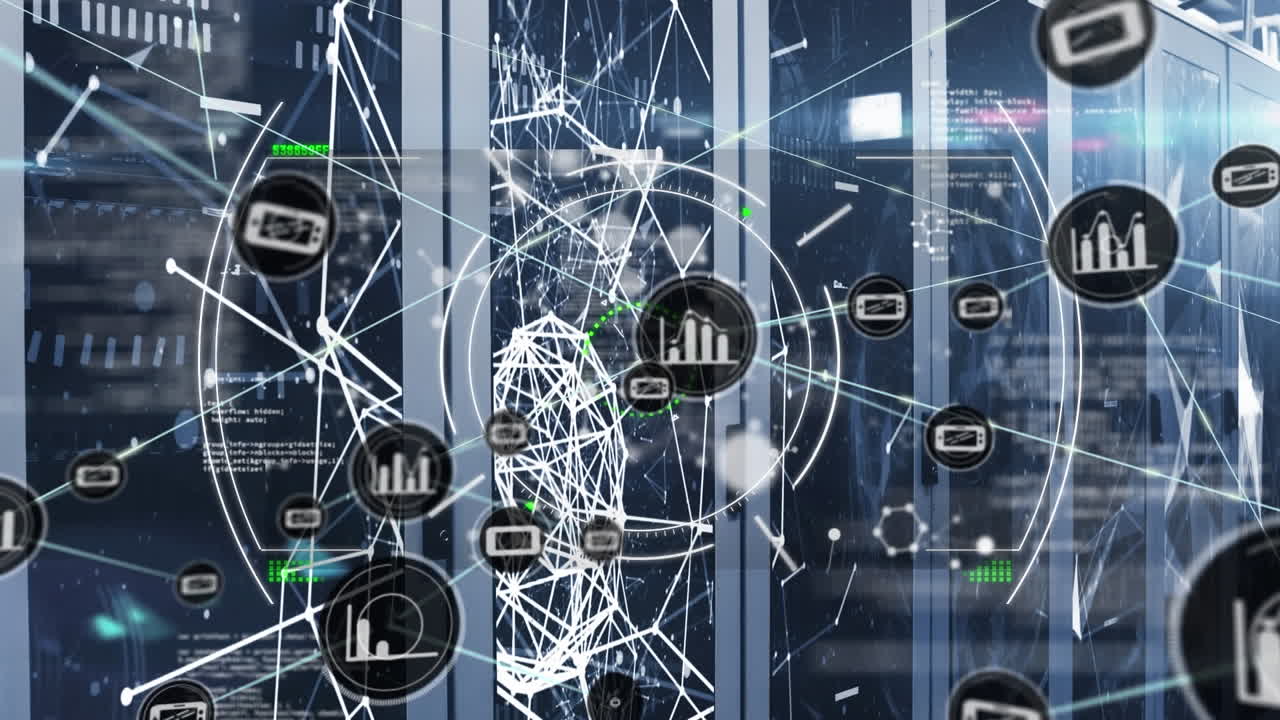 Animation of network of connections with icons and data processing over server room