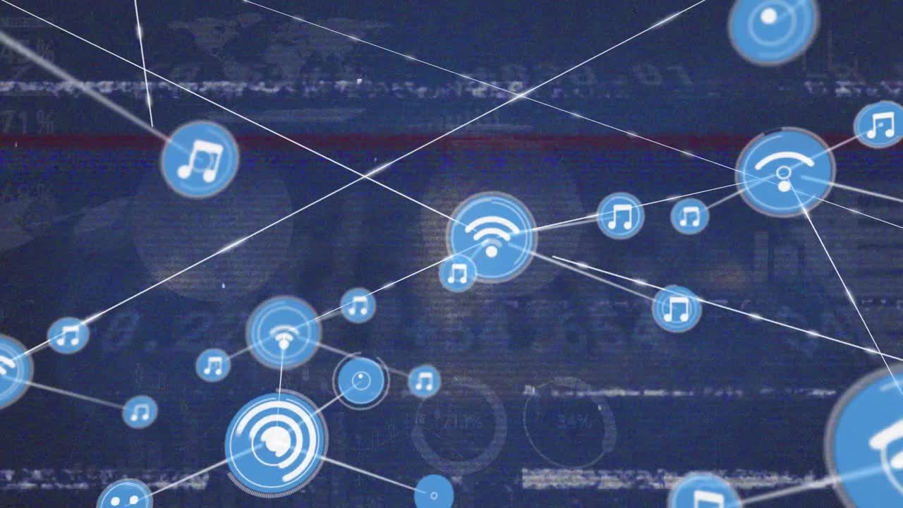 animación de la red de conexiones con iconos sobre el procesamiento de datos sobre fondo azul