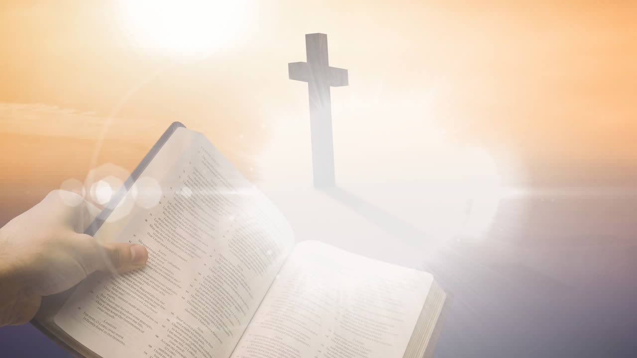 오렌지색 배경 에 빛나는 반점 과 함께 성서 를 읽고 있는 그리스도인 십자가 와 사람 의 애니메이션