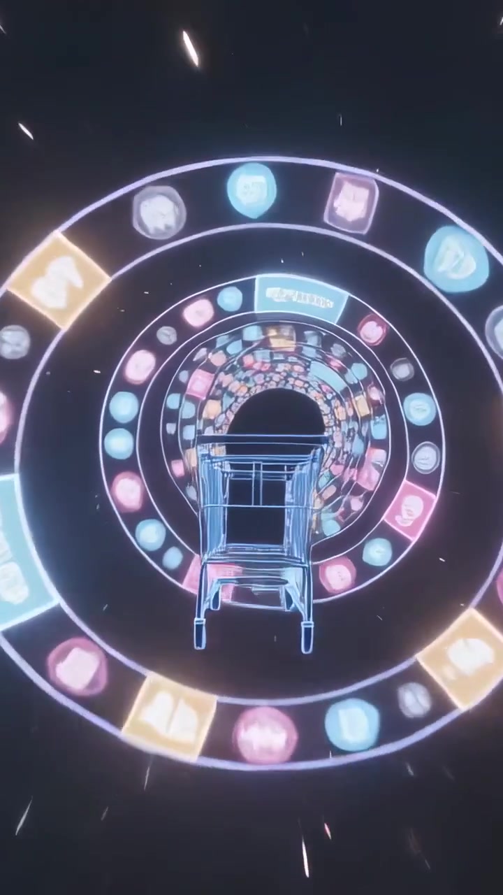 Video verticale: Telecamera in panoramica che accompagna un carrello wireframe che si muove in un tunnel a spirale al neon con icone rotanti.