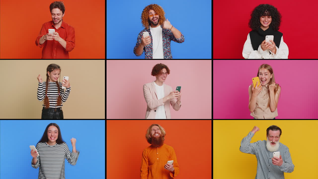 collage de personas sonrientes felices hombres mujeres usan teléfonos móviles celebrando ganar buenas noticias jugar un juego