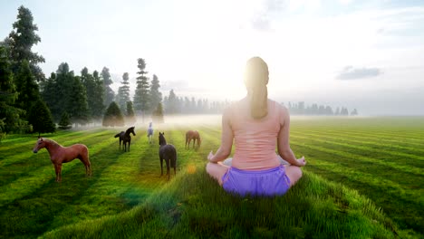 una hermosa joven está sentada en la posición del loto en la hierba verde cerca de un hermoso bosque. clases de yoga en la naturaleza temprano en la mañana. animación en bucle 3d.