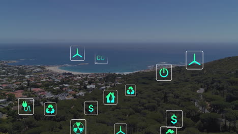 Animation-of-eco-icons-and-data-processing-over-landscape
