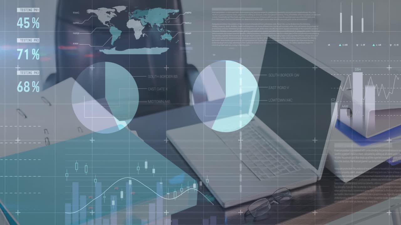 animación de las estadísticas y el procesamiento de datos financieros en un portátil en el escritorio de la oficina