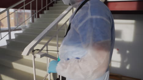 disinfecting a staircase