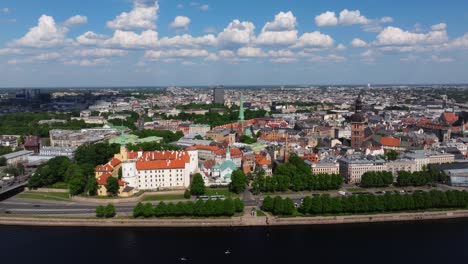 Aerial-Tracking-Shot-Above-Old-Town-Riga,-Latvia-Skyline-along-the-Daugava-River