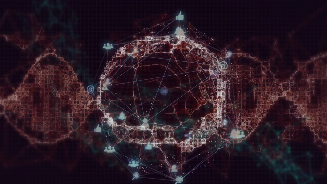 회전하는 인간 뇌 아이콘과 디지털 파동 위에 디지털 아이콘 네트워크의 애니메이션