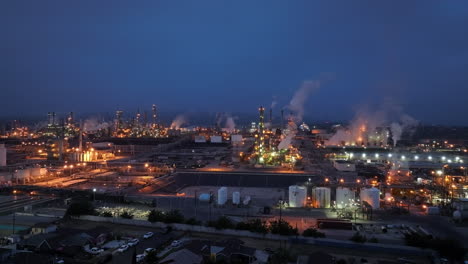 Industrial-area-of-San-Pedro,-California---aerial-view-at-nighttime