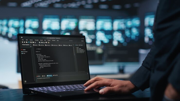 Close up shot of laptop used by worker monitoring servers energy consumption
