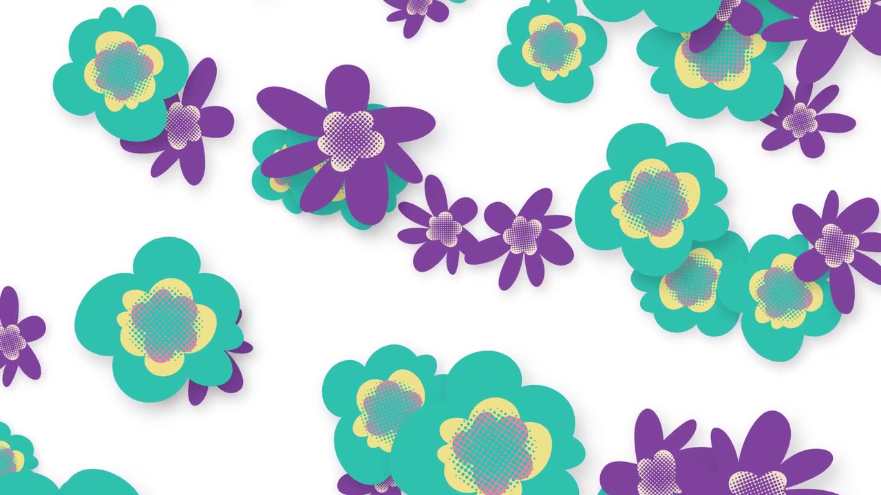 Fiori grafici stilizzati viola e verde acqua cadono verticalmente su uno sfondo bianco pulito