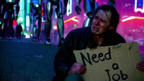 a desperate man seeks employment in a futuristic city