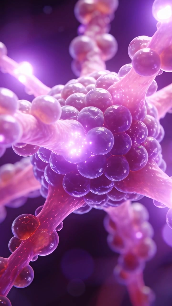 Video verticale: Nucleo di perline rotante che causa impulsi lungo bracci radiali in un bokeh viola, con particelle fluttuanti.