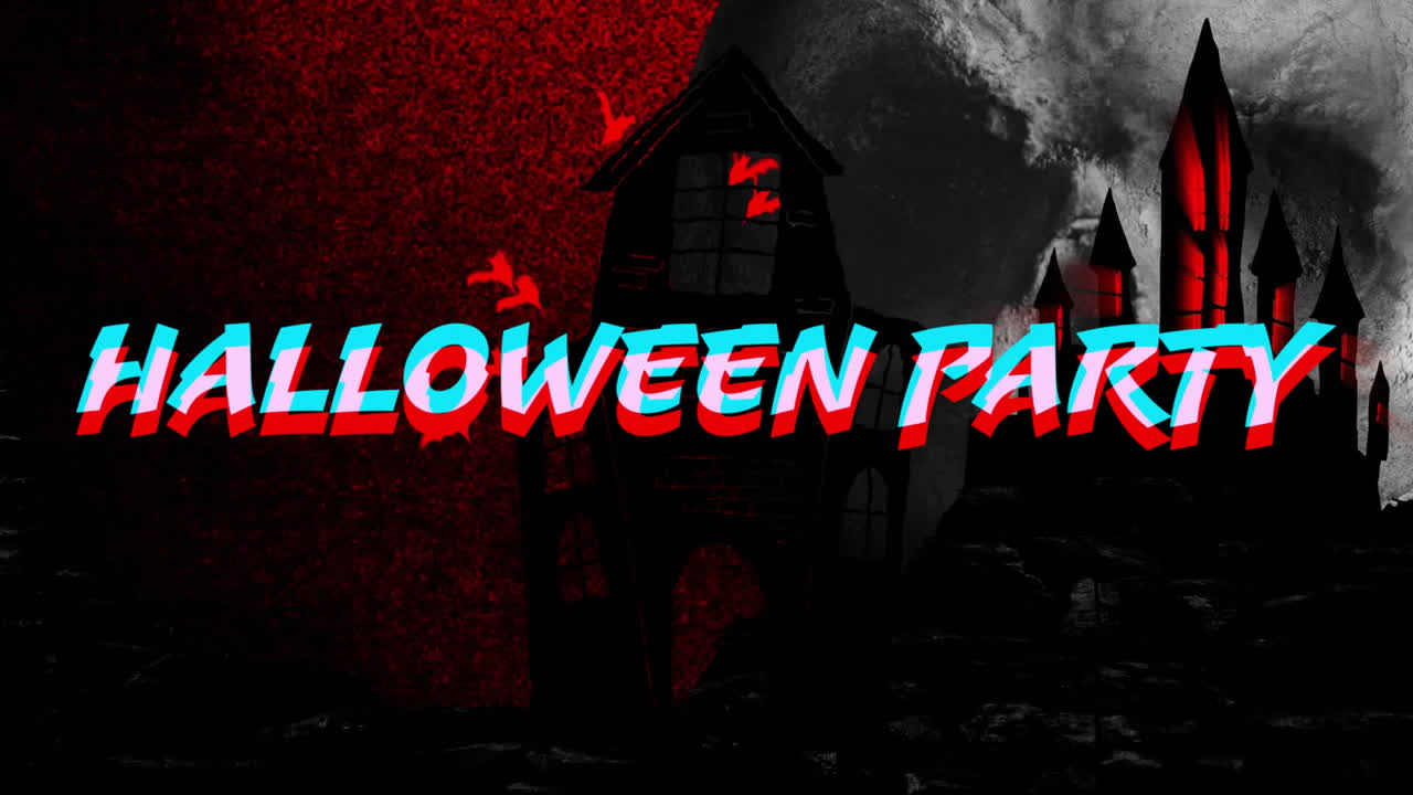 어두운 배경에서 유령의 집과 박에 대한 할로윈 파티 텍스트 애니메이션