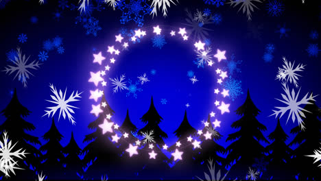 animación de estrellas sobre la nieve que cae y abetos en navidad