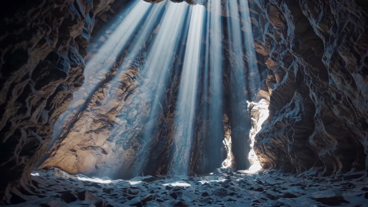 Sunlight streams into a rocky cave, captured from a low angle, creating a mystical atmosphere