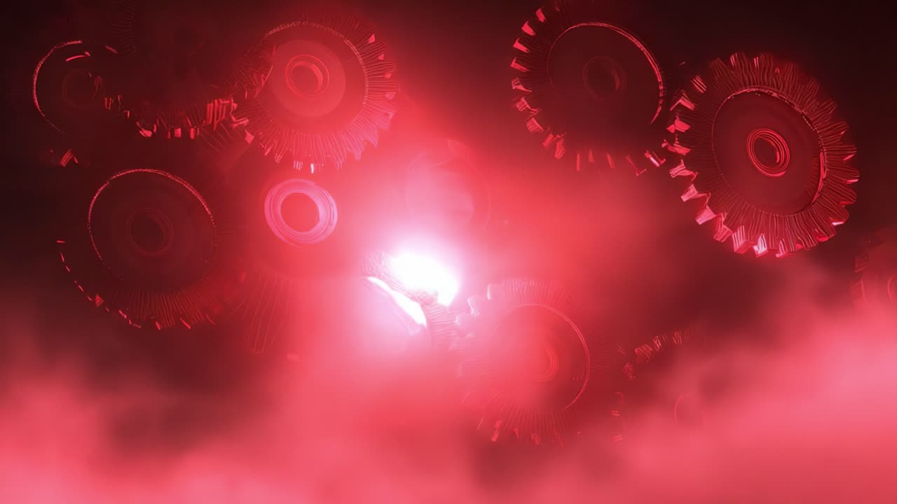 Abstract mechanical gears and cogs moving slowly through a mysterious red fog, illuminated by a bright central light source, representing complex machinery, industry, and teamwork concepts