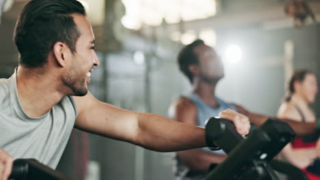 People,-diversity-and-cycling-at-gym-in-workout