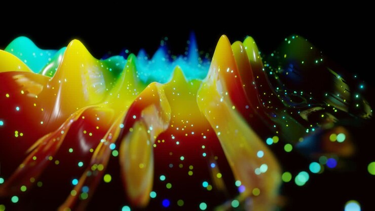 Superficie 3D astratta con bellissime onde, scintille luminose e un gradiente di colore brillante, colori dell'arcobaleno. Le onde scorrono su una superficie molto lucida e brillante con glitter luminosi. Animazione 4k in loop