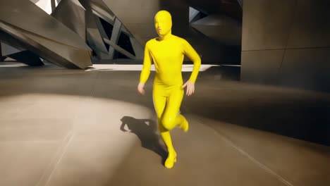 yellow suit running in modern architecture