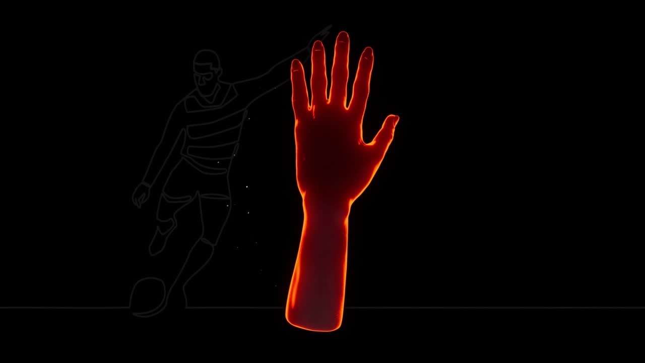 animación de mano roja brillante sobre el contorno del jugador de fútbol pateando la pelota