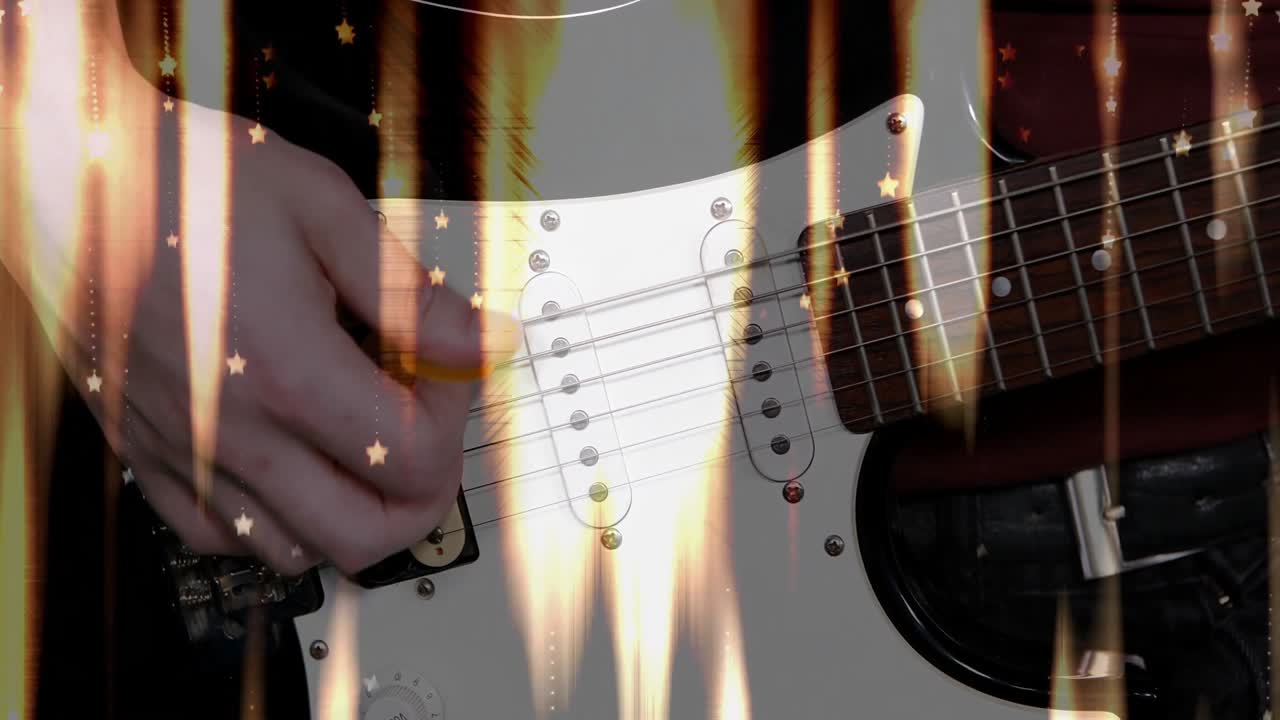 エレキギターを弾くミュージシャン。ピックストロークに合わせて炎の星のオーバーレイが点滅し、音楽テクノロジーを表現している。