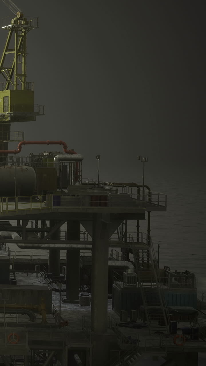 Olieplatform om natten med lys og industrielt udstyr.
