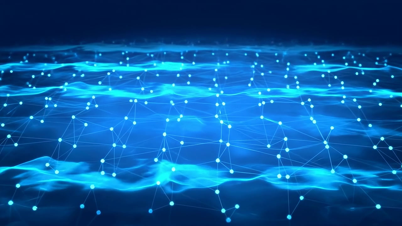 Wide cyan digital landscape showing dense mesh of glowing nodes, thin interlinked filaments and translucent undulating ribbons creating depth, motion and radiant technology ambience