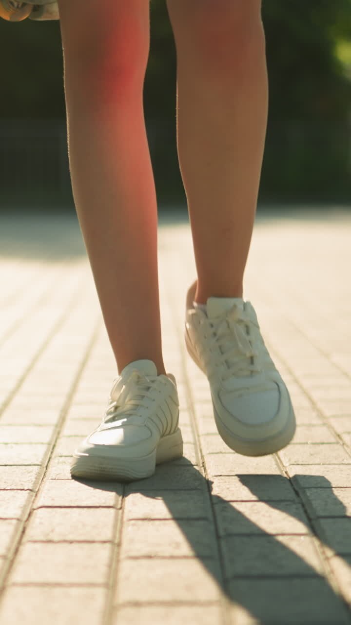Leg view of individual wearing white canvas shoes walking along interlocked path with shadow cast on ground, with partial view of roller skate, blurred background featuring greenery