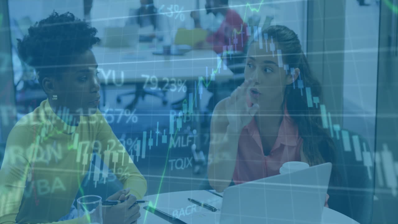 Animation of financial data processing over diverse business people in office