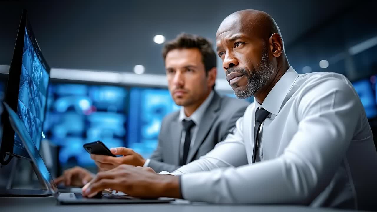 A man sitting at a desk in front of a computer and looking at a cell phone