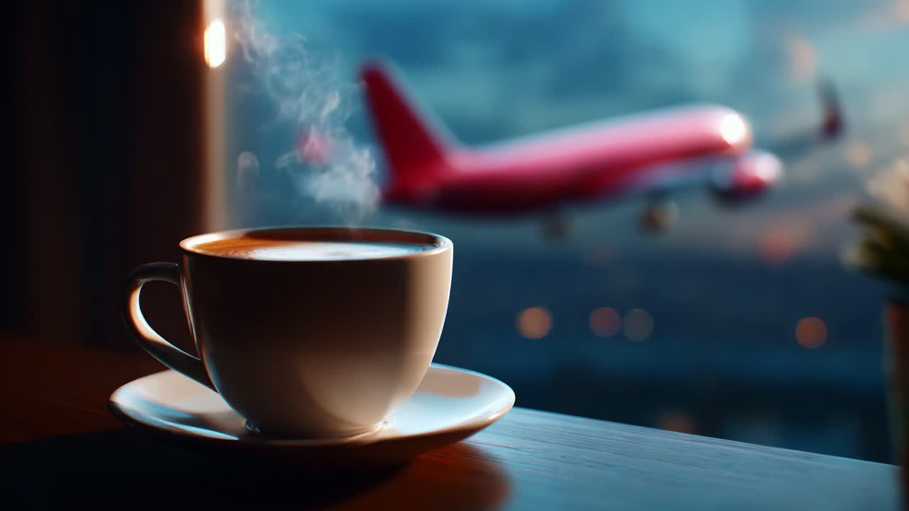 A steaming cup of coffee resting on a wooden table by a window, with a vibrant red airplane in the background, illustrating a cozy moment of leisure amidst the excitement of travel and adventure