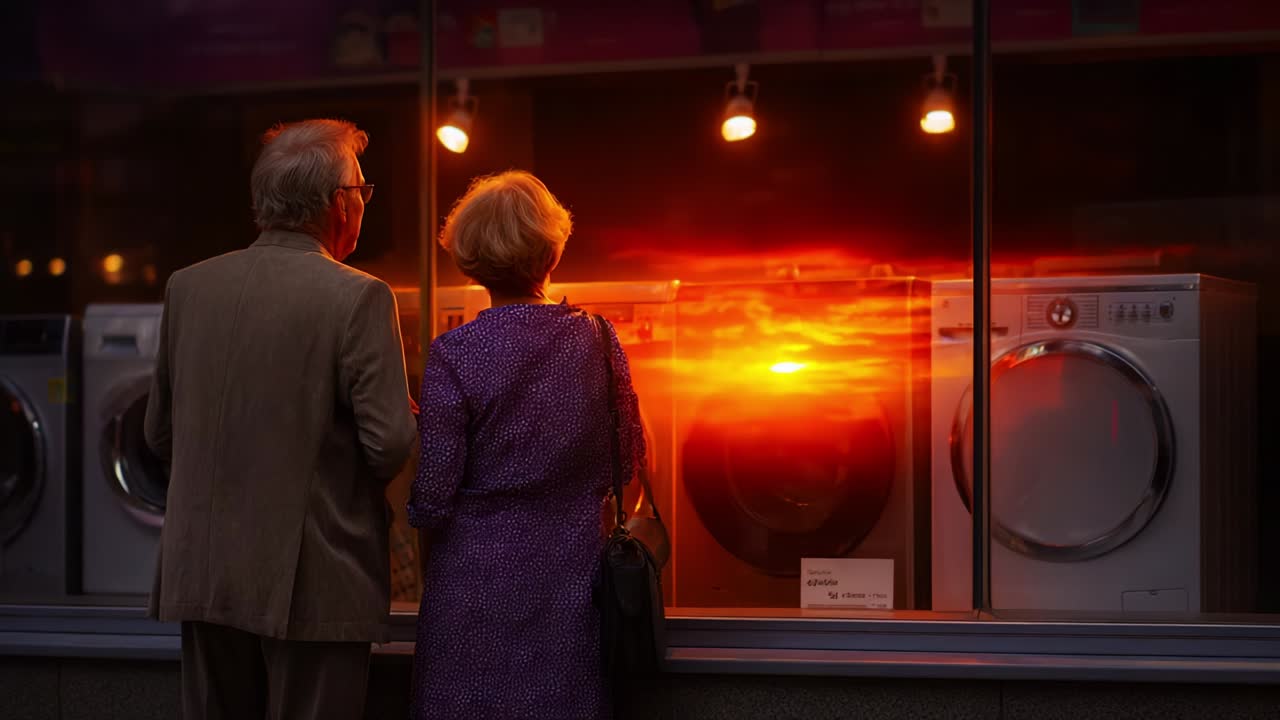 A Charming Evening: An Elderly Couple Gazing at a Vibrant Sunset Reflected in Storefront Washing Machines, Capturing a Serene Moment of Connection and Nostalgia in a Cozy Urban Setting