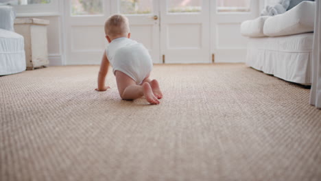 cute baby toddler learning to walk exploring home having fun curious infant walking through house enjoying childhood 4k footage